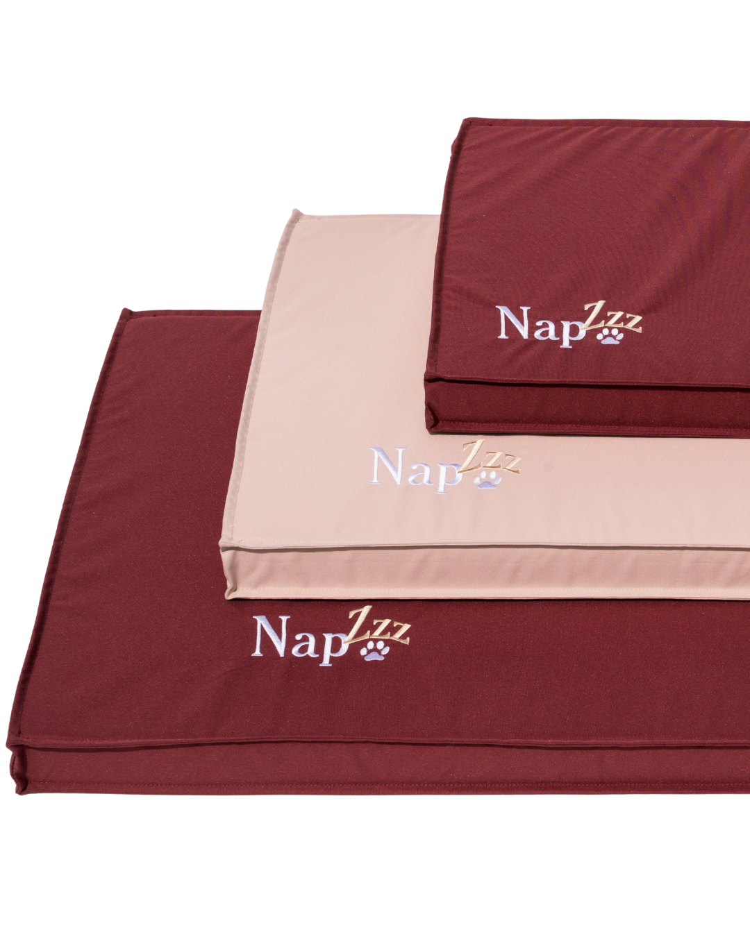 NapZZZ benchkussens voor honden in beige en bordeaux rood, comfortabel, waterafstotend en wasbaar