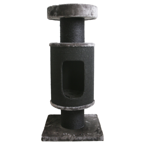 Vooraanzicht van de krabpaal Nanda met sisal stammen en cilindervormig kattenhuis.