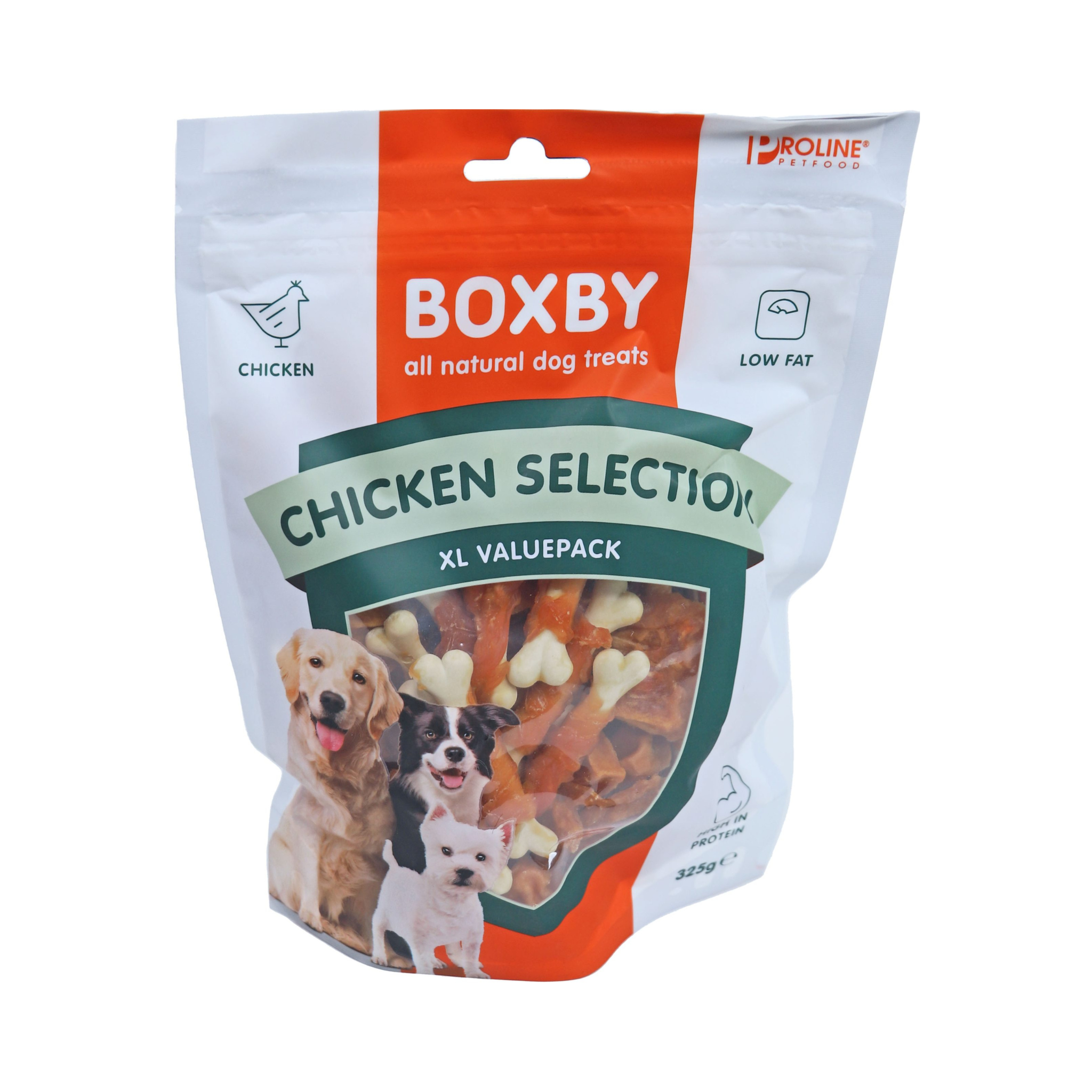 Proline Boxby Chicken Selection XL 325 g – eiwitrijke, vetarme hondensnacks in hersluitbare verpakking