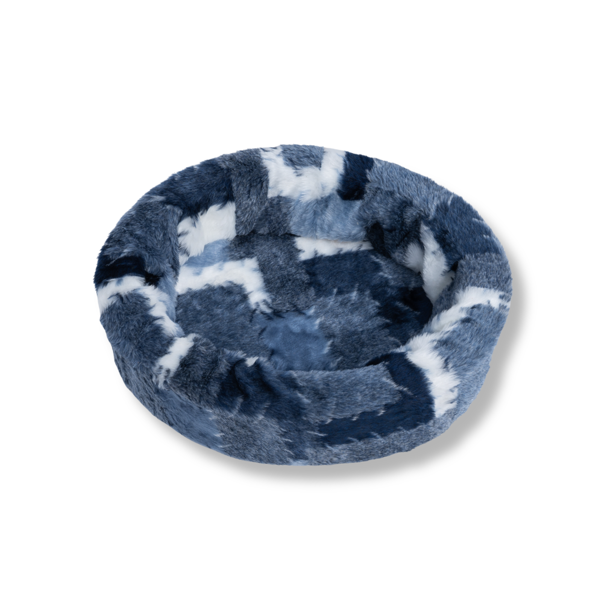 NapZZZ bontmand, in het patroon mix blok/lapjesdeken blauw, gecombineerd met wit, enkele mand vooraanzicht, Klein formaat hondenmand. Stevige schuimrubberen kern met uitneembare hoes. Hoes is wasbaar. Verkrijgbaar van 40 tot wel 120cm. Geschikt van kitten tot zeer grote honden.