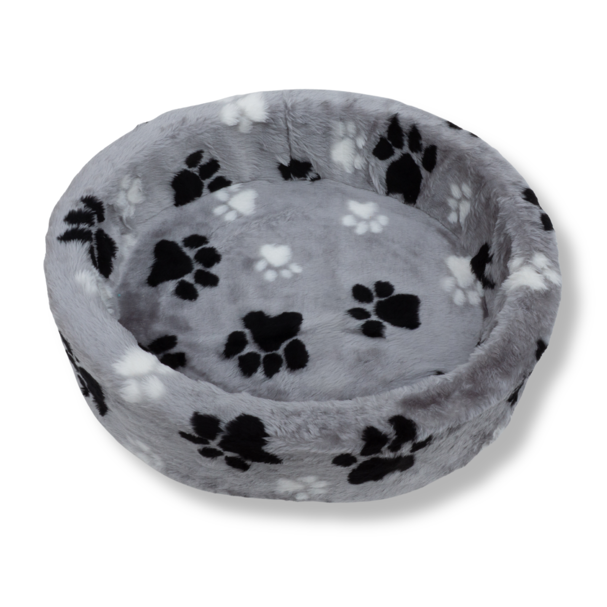Bovenaanzicht van de NapZZZ ovale bontmand in grijs met grote pootafdruk, toont de diepe ovale vorm en zachte imitatiebont bekleding.