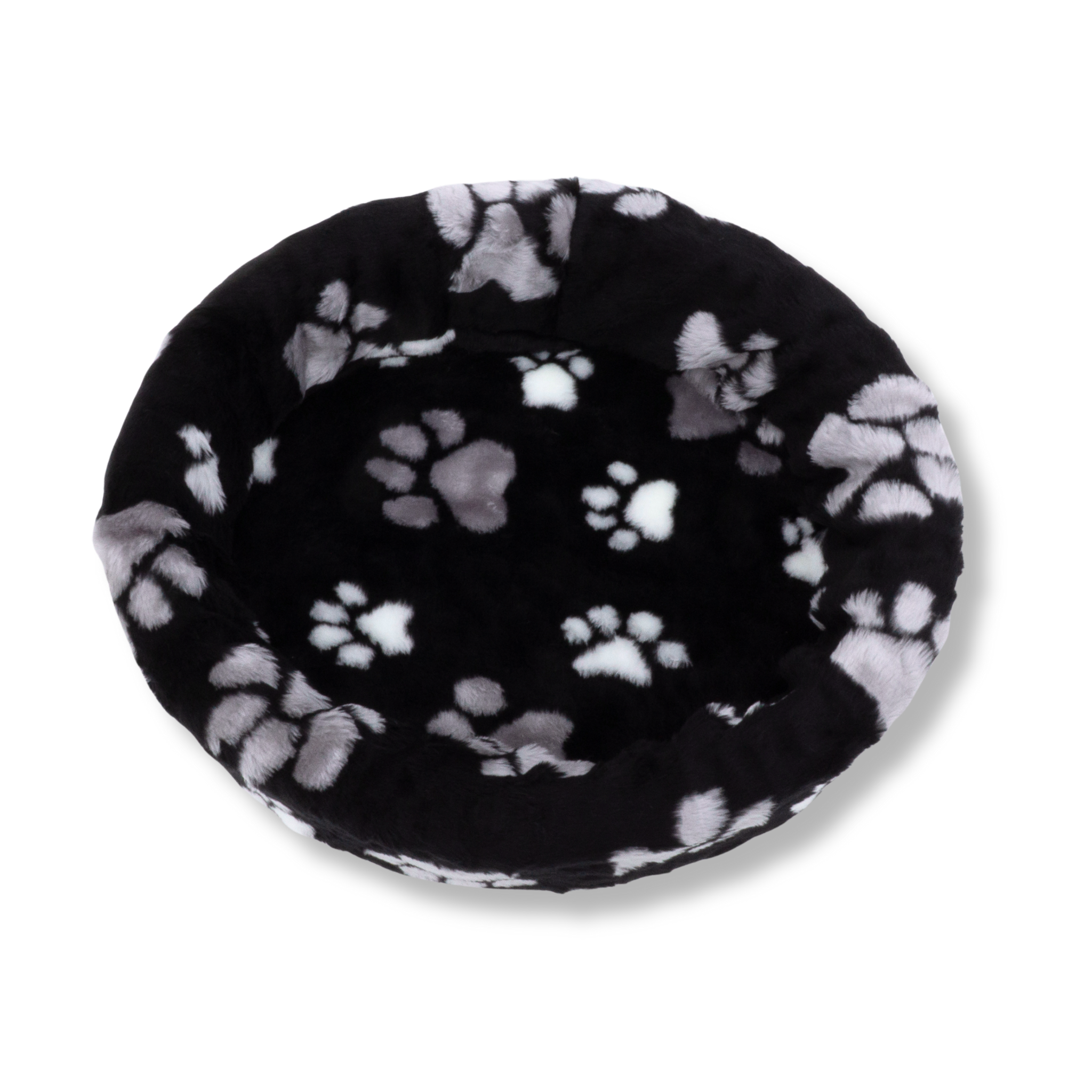 Napzzz ovale bontmand met pootprint in de kleur zwart, grijs en wit. Bevat stevige schuimrubberen kern en zacht imitatiebont pluche hoes. Hoes is eventueel wasbaar op lage temperatuur. 