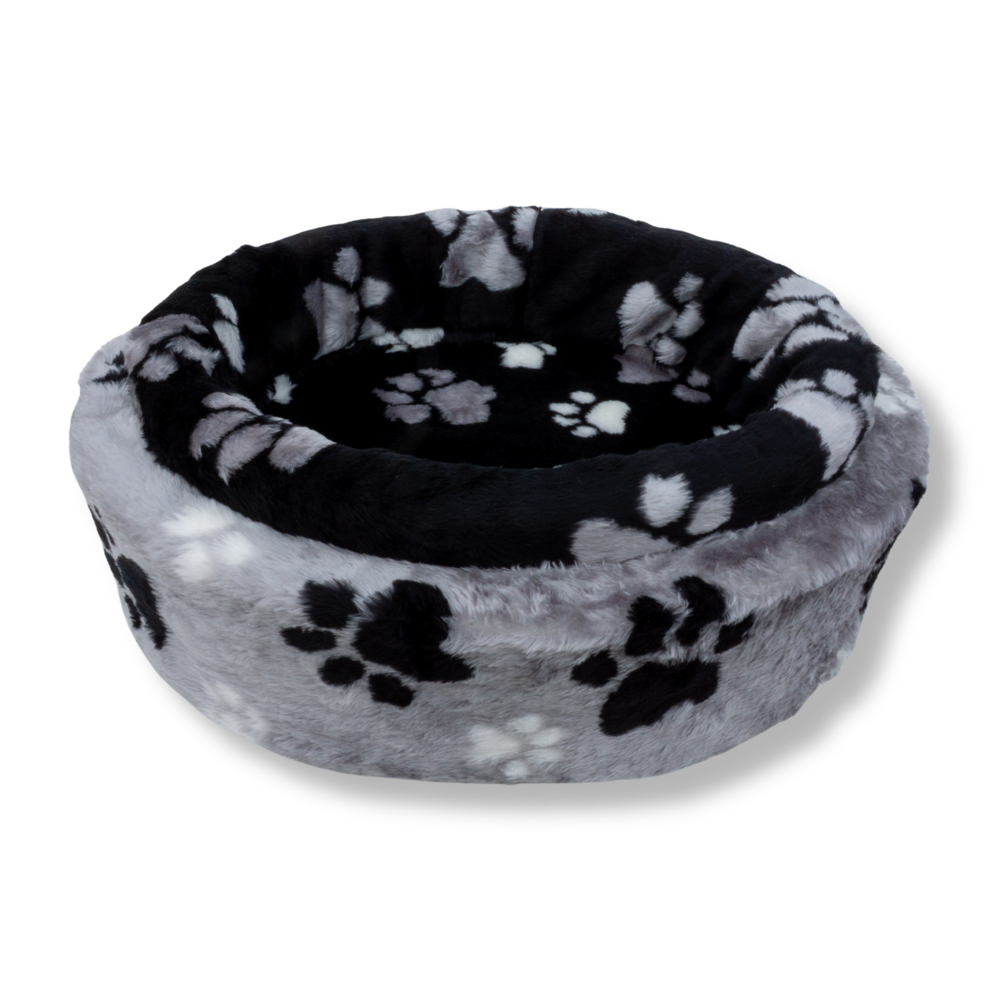 NapZZZ bontmand in de print grote poot zwarte en een grijze kleur bontmand. Deze mand is verkrijgbaar van 40cm tot wel 120cm. Dus geschikt van kitten tot zeer grote honden. Stevige schuimrubberen kern met een uitneembare hoes. Hoes is wasbaar op max. 30 graden.