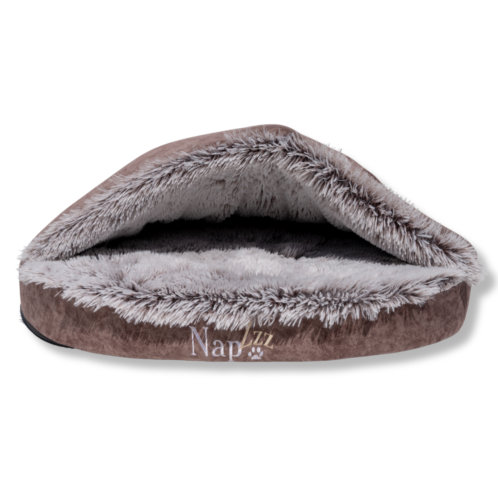 NapZZZ Cuddle Cave Eco Super Soft bruin – duurzame honden- en kattenmand van eco-pluche met vaste overkapping voor comfort