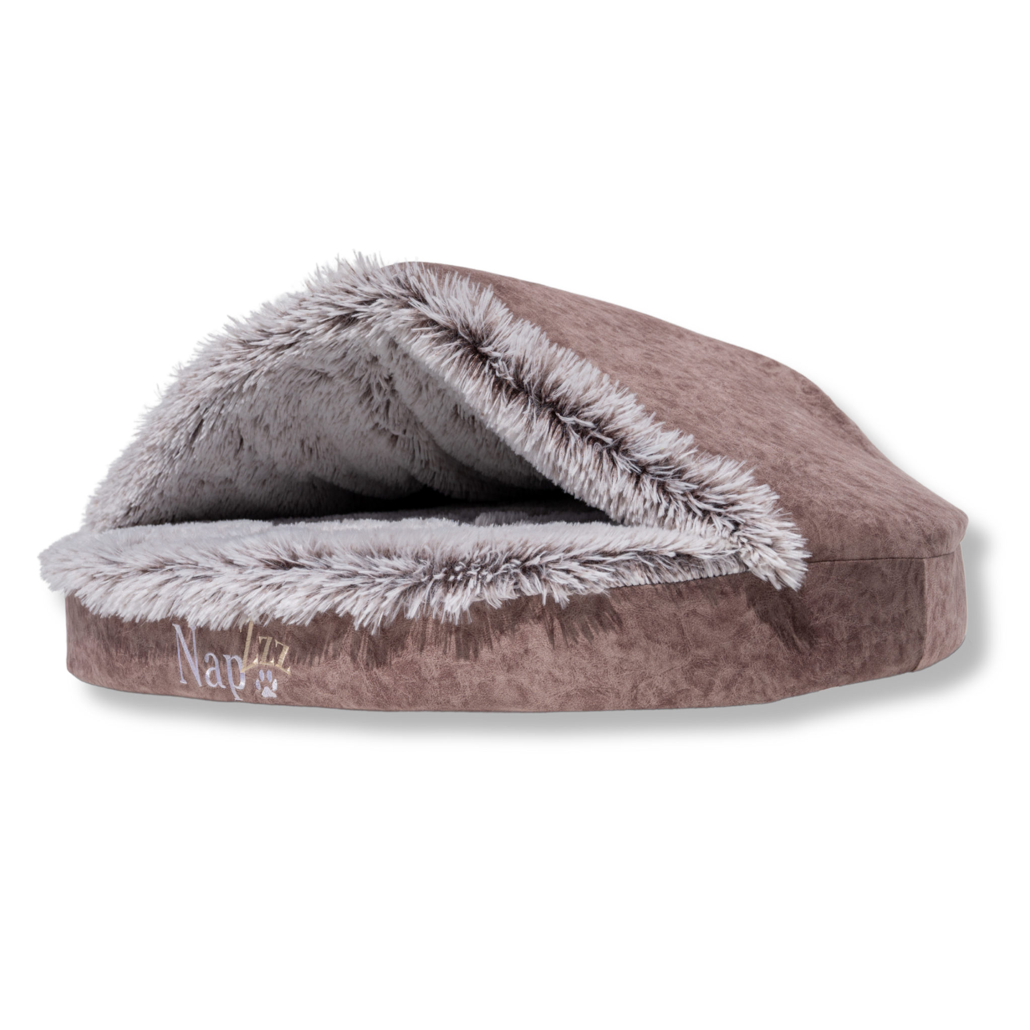 NapZZZ Cuddle Cave Eco Super Soft bruin van de zijkant – knusse dierenmand van gerecycled pluche met stevige vorm en overkapping