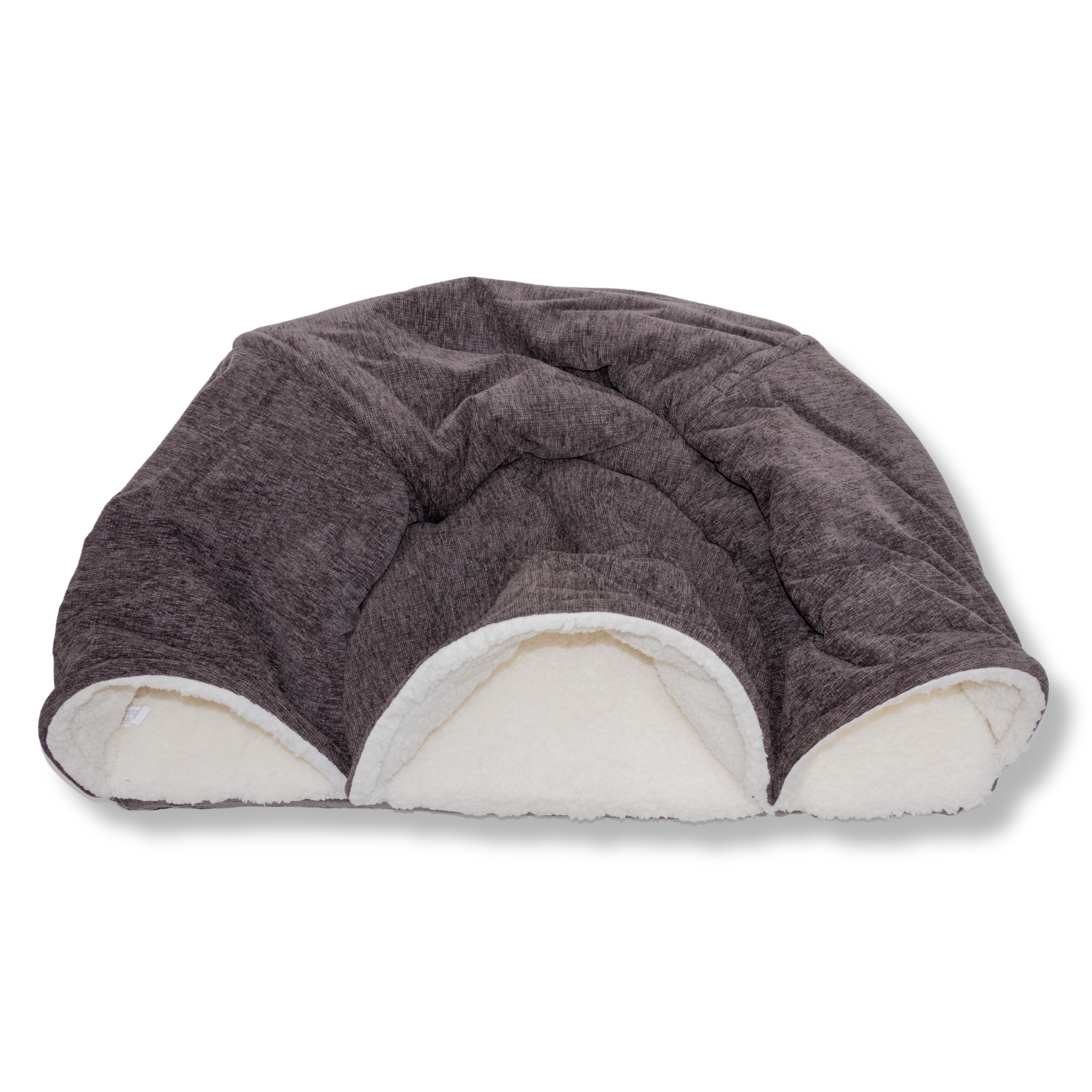 Bovenaanzicht van de NapZZZ Speeltunnel Cosy met zicht op het ronde slaapgedeelte in het midden en beide tunnelopeningen die rondom doorheen te kruipen is.