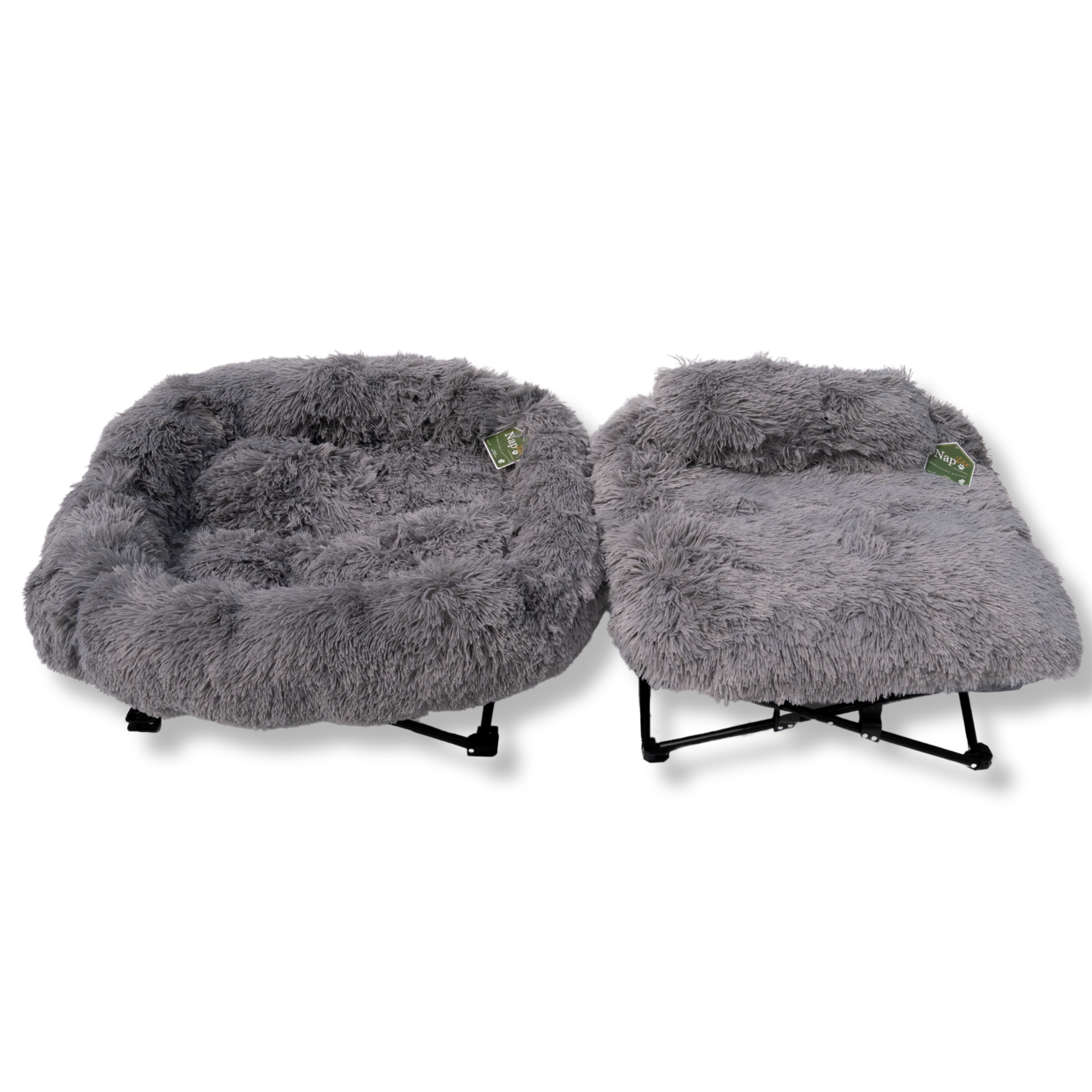 NapZZZ Fuzzle Ligstoel - Grijs, Vooraanzicht van de stoel, naast de variant met een bevestigd kussentje