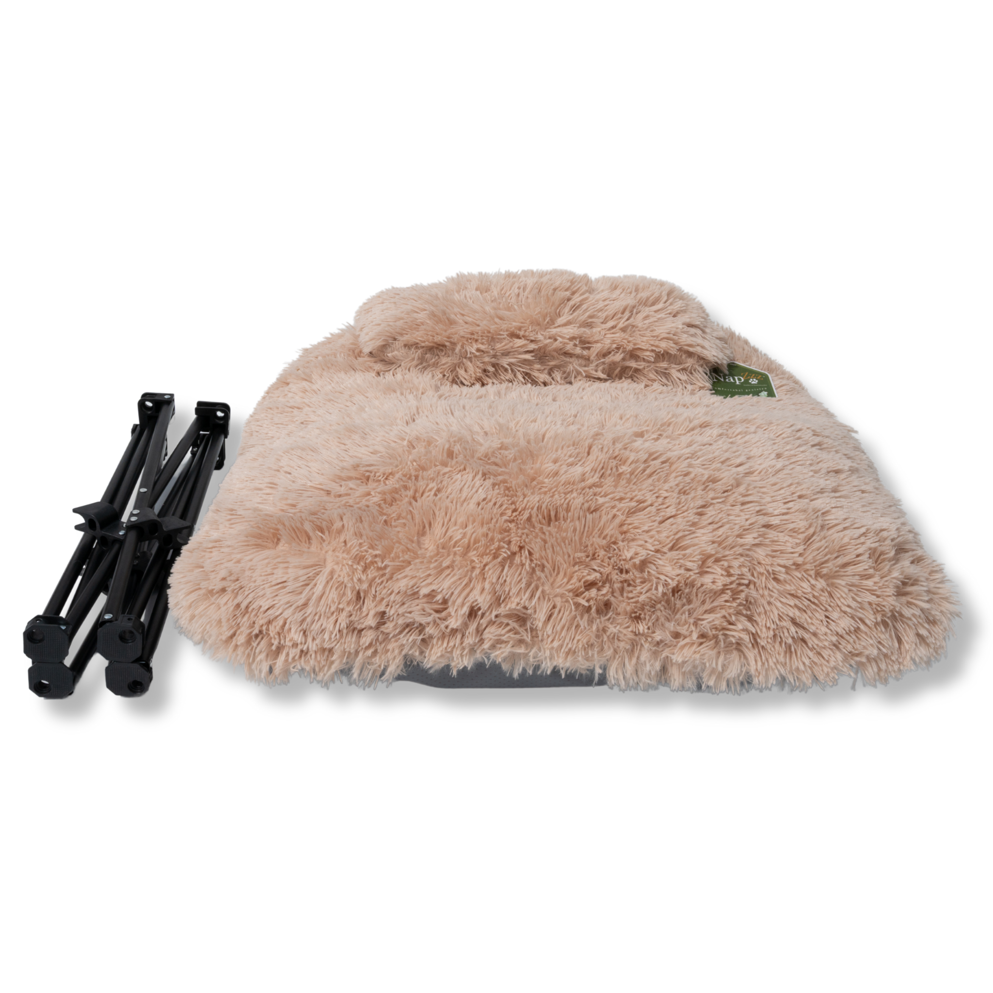 NapZZZ Fuzzle Ligstoel met kussen - Beige, op de foto is het bedje gedemonteerd. links op de foto zie je het opgeklapte zwarte metalen frame. 