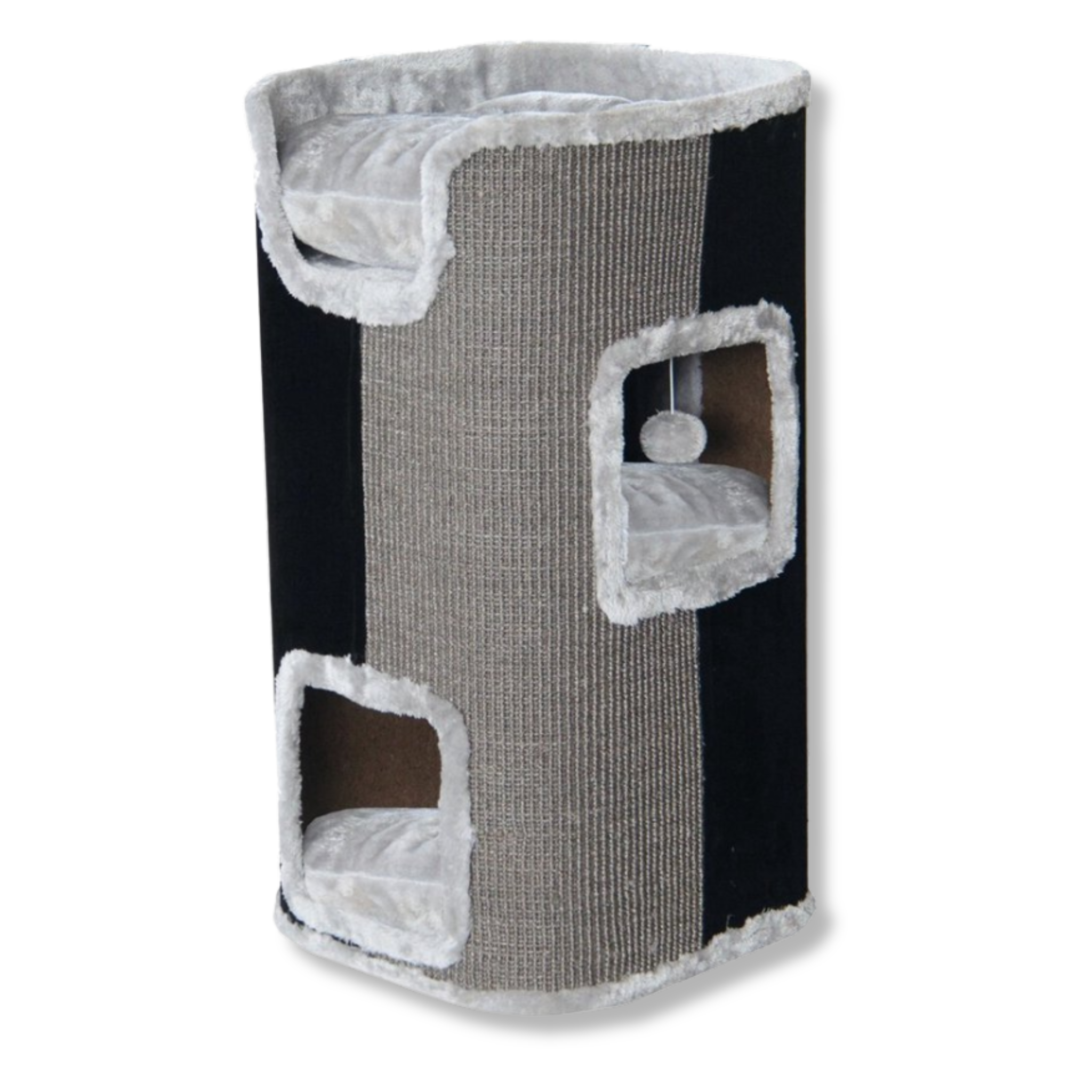 Napzzz krabton grijs zwart. Stevige krabmeubel voorzien van 2 openingen met los ligkussentje. Tevens een leuk speeltje aan koord in bovenste opening. Bovenop is de krabpaal voorzien van ligplateau met ligkussen. Deze krabpaal kan je kat heerlijk in schuilen, slapen en krabben. Buitenkant is deels bekleed met sisal en tapijtachtig materiaal. De binnenkant en ligplateau is bekleed met zacht pluche voor extra comfort.