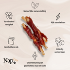 Voorbeeld van Napzzz hondensnacks collageen sticks met eend, inhoud naast het zakje met tekst over de voordelen voor honden