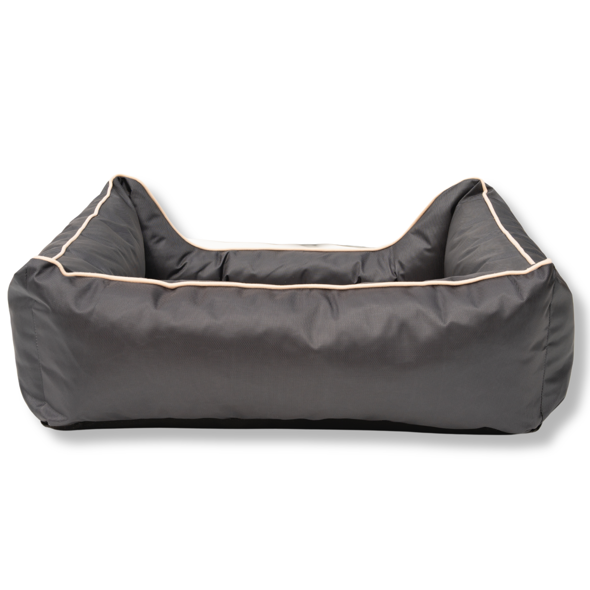 Napzzz divan waterproof antraciet in achter aanzicht. Stevige hondenmand van oxford materiaal dat waterafstotend is. De randen zijn zeer stevig gevuld met schuimvlokken voor extra steun en comfort. Uitneembare liggedeelte met schuimrubber matras. De mand is geheel voorzien van ritssluiting aan de binnenkant. Mooi afgewerkt en voorzien van napzzz logo. Verkrijgbaar in meerdere maten.