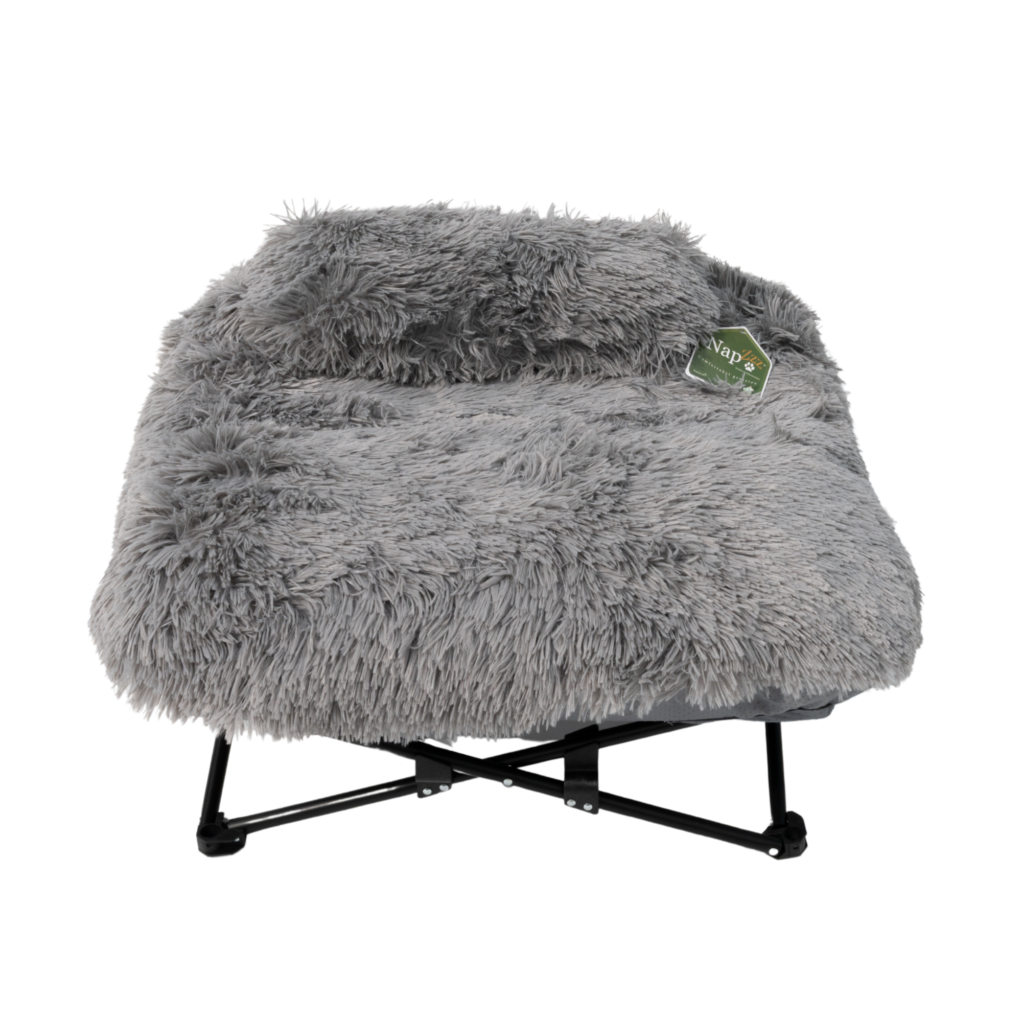 Napzzz stoel fuzzle met kussen in vooraanzicht op witte achtergrond. Geschikt voor kat en kleinere honden. Metalen inklapaar frame met antislip punten en afneembaar langharig pluche ligkussen met extra hoofdkussentje.