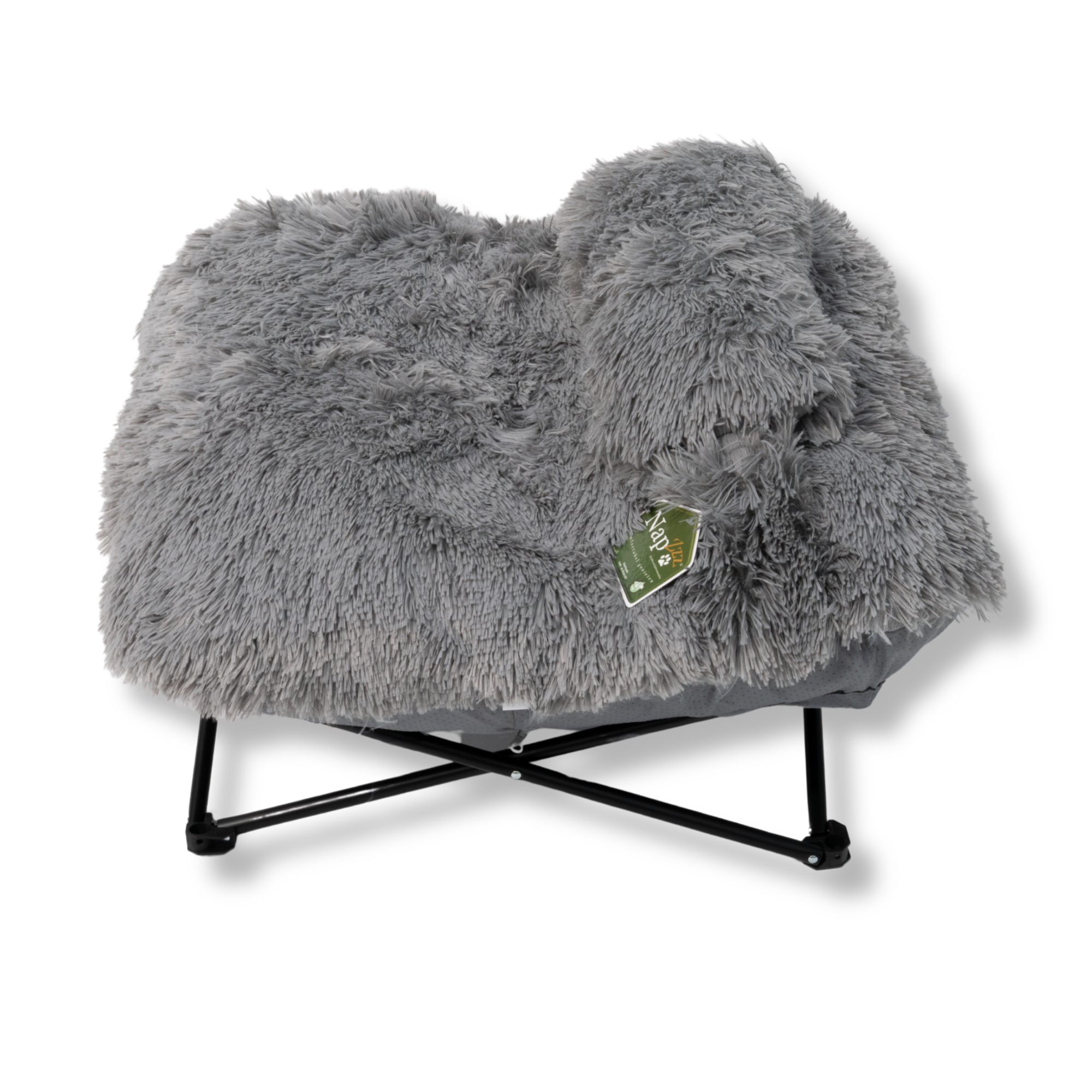 Napzzz stoel fuzzle met kussen in zijaanzicht op witte achtergrond. Geschikt voor kat en kleinere honden. Metalen inklapaar frame met antislip punten en afneembaar langharig pluche ligkussen met extra hoofdkussentje.