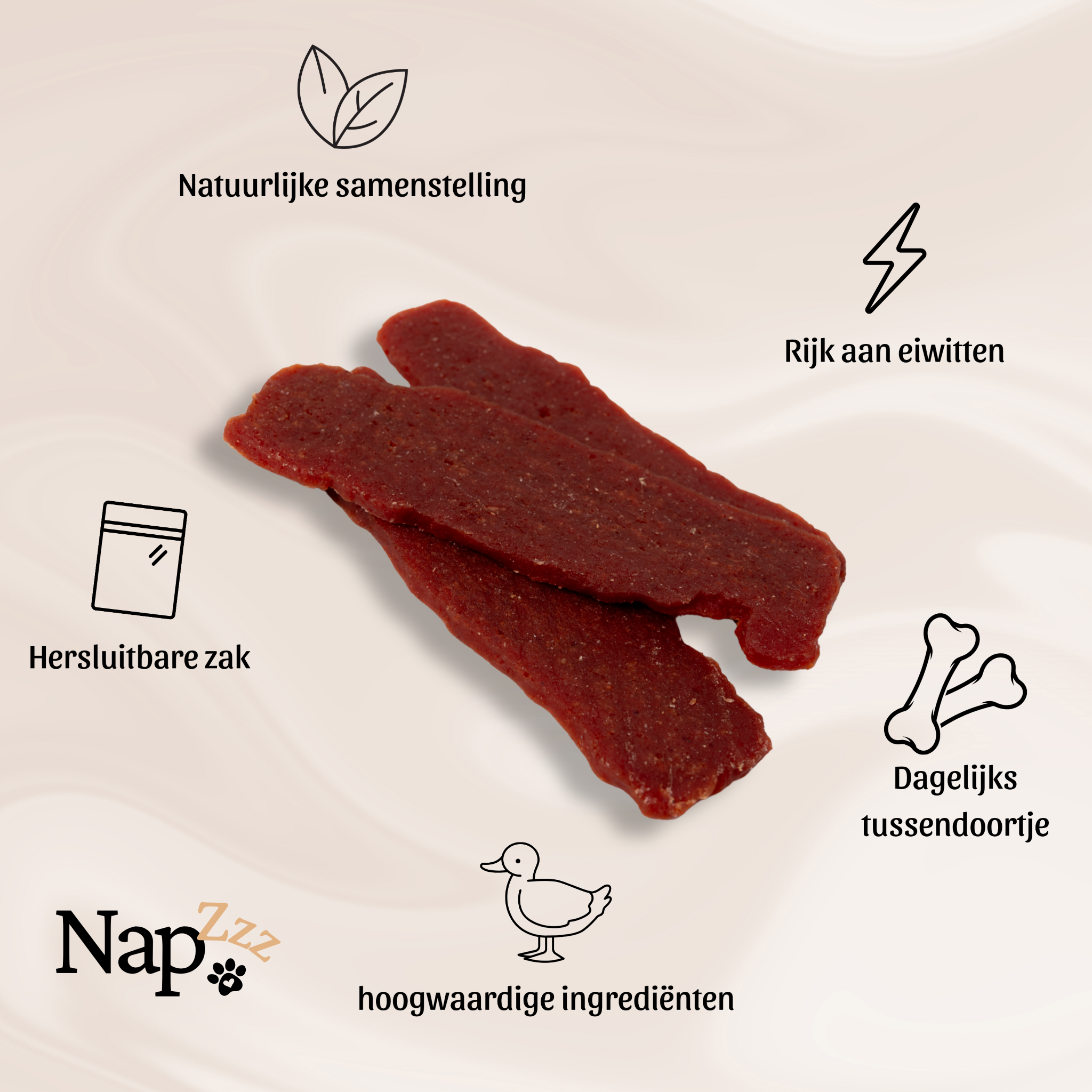 Voorbeeld van Napzzz hondensnack eend jerky 300g, met zichtbare stukjes en tekst over gebruik als beloning en gezonde traktatie