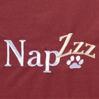 Napzzz benchmatras bordeaux rood in vooraanzicht als detail foto van stof en geborduurde napzzz logo. Gemaakt van waterafstotende stof genaamd oxford. Stevige schuimrubberen matras met een oxford hoes voorzien van ritssluiting. Mooi afgewerkt, stevig, comfortabel matras voor in benches. Met geborduurde napzzz logo als leuk detail