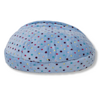 Achterkant van NapZZZ Cuddle Cave honden- en kattenmand in blauw Dotz patroon, zachte en knusse ligplek