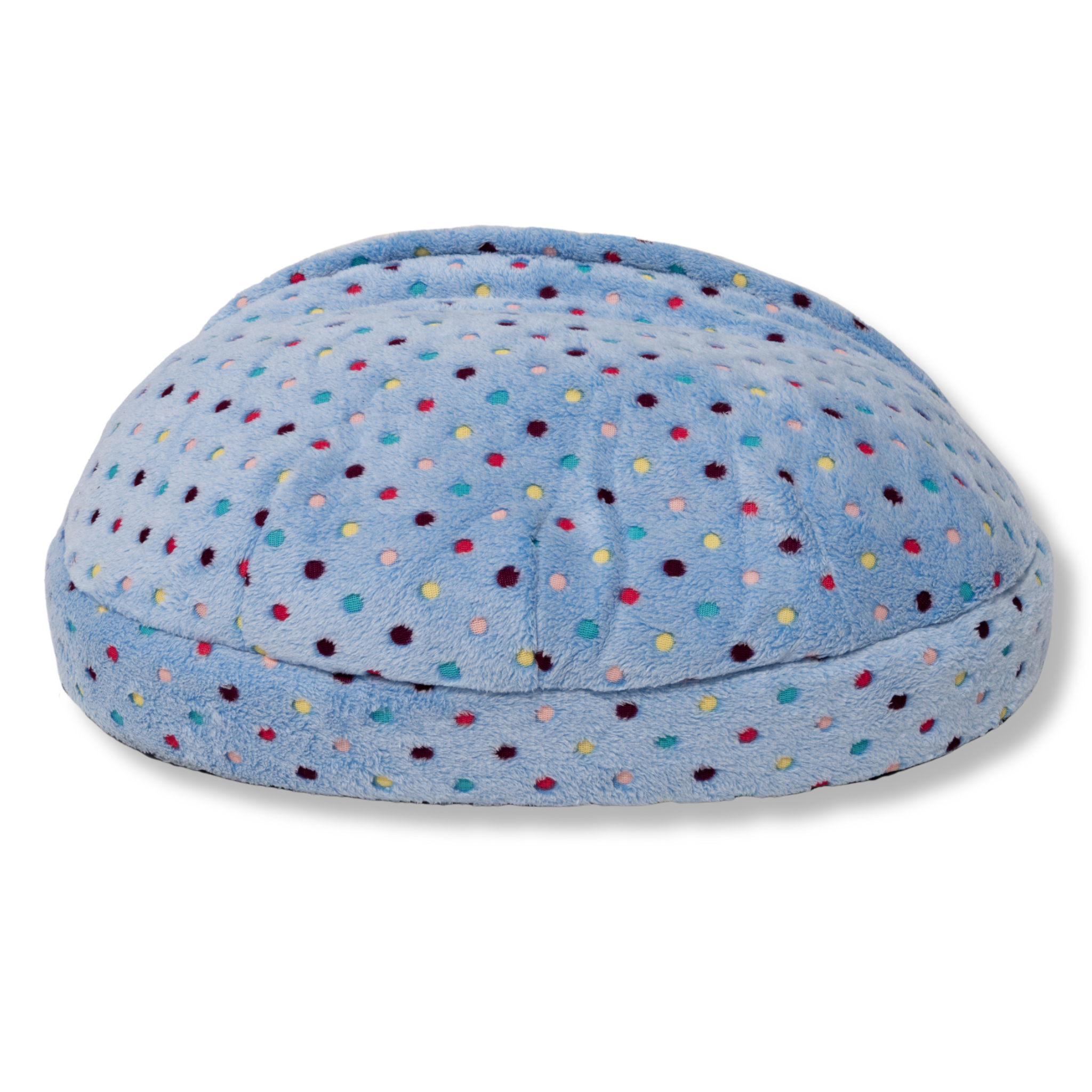 Achterkant van NapZZZ Cuddle Cave honden- en kattenmand in blauw Dotz patroon, zachte en knusse ligplek