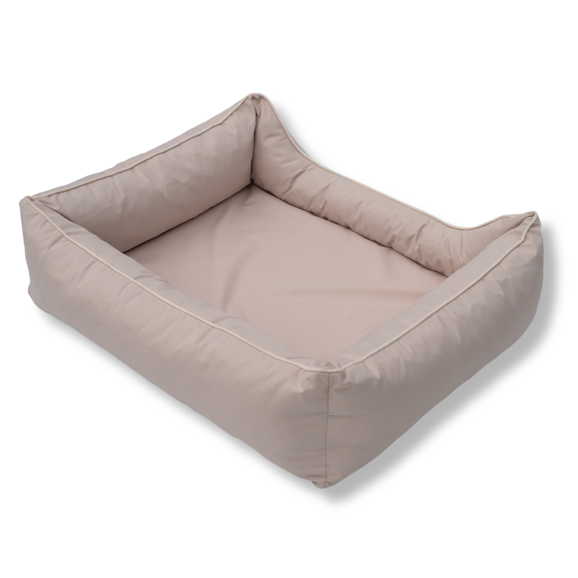 Napzzz divan hondenmand oxford beige creme in zijaanzicht van achterkant. Stevige hondenmand met schuimrubberen vlok vulling en schuimrubber omkeerbaar matras. In diverse maten en kleuren.