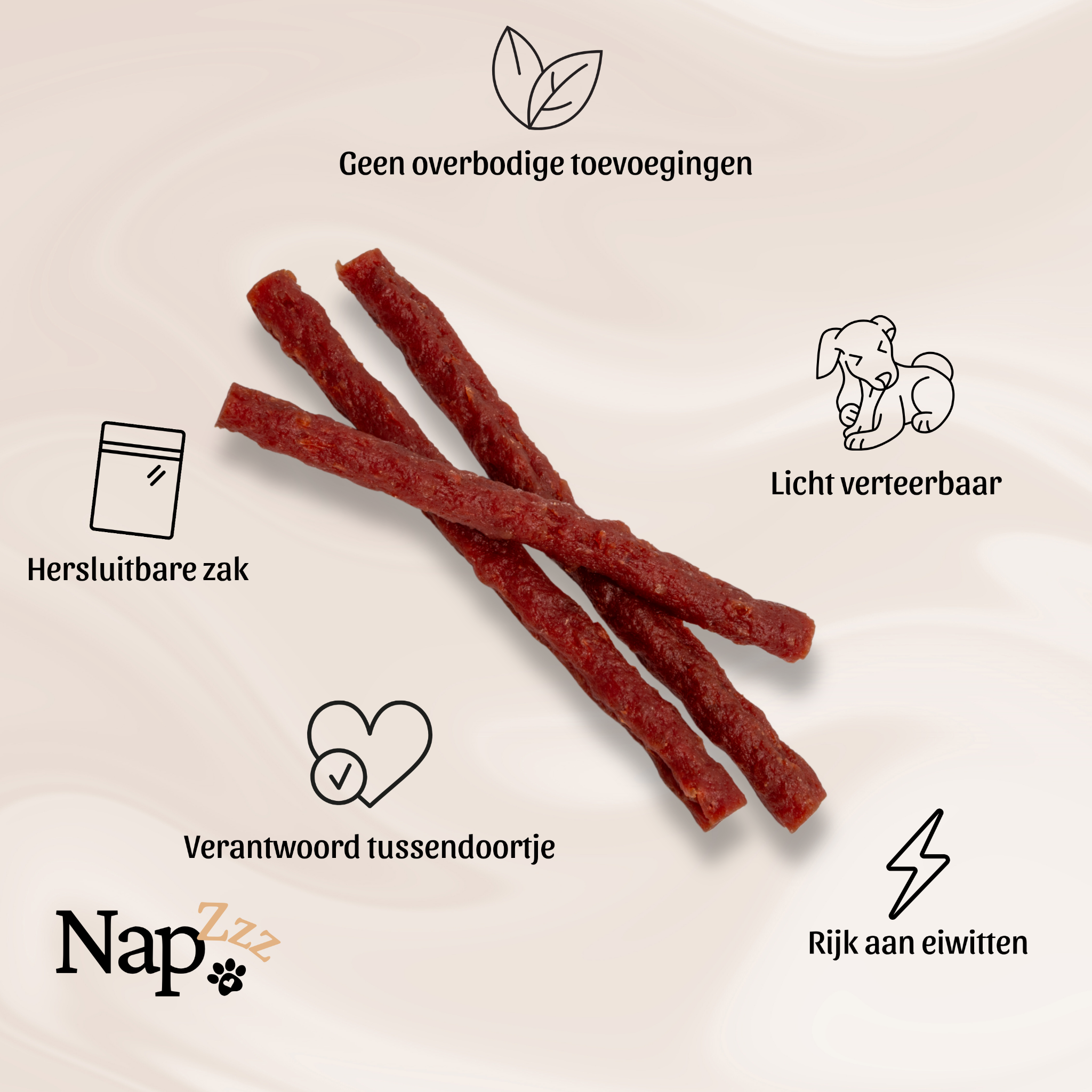 Afbeelding van NapZZZ Eend Stick hondensnack met productvoordelen: rijk aan eiwitten, geschikt als dagelijks tussendoortje, zonder overbodige toevoegingen, hersluitbare verpakking, set van 3 zakjes à 300g.
