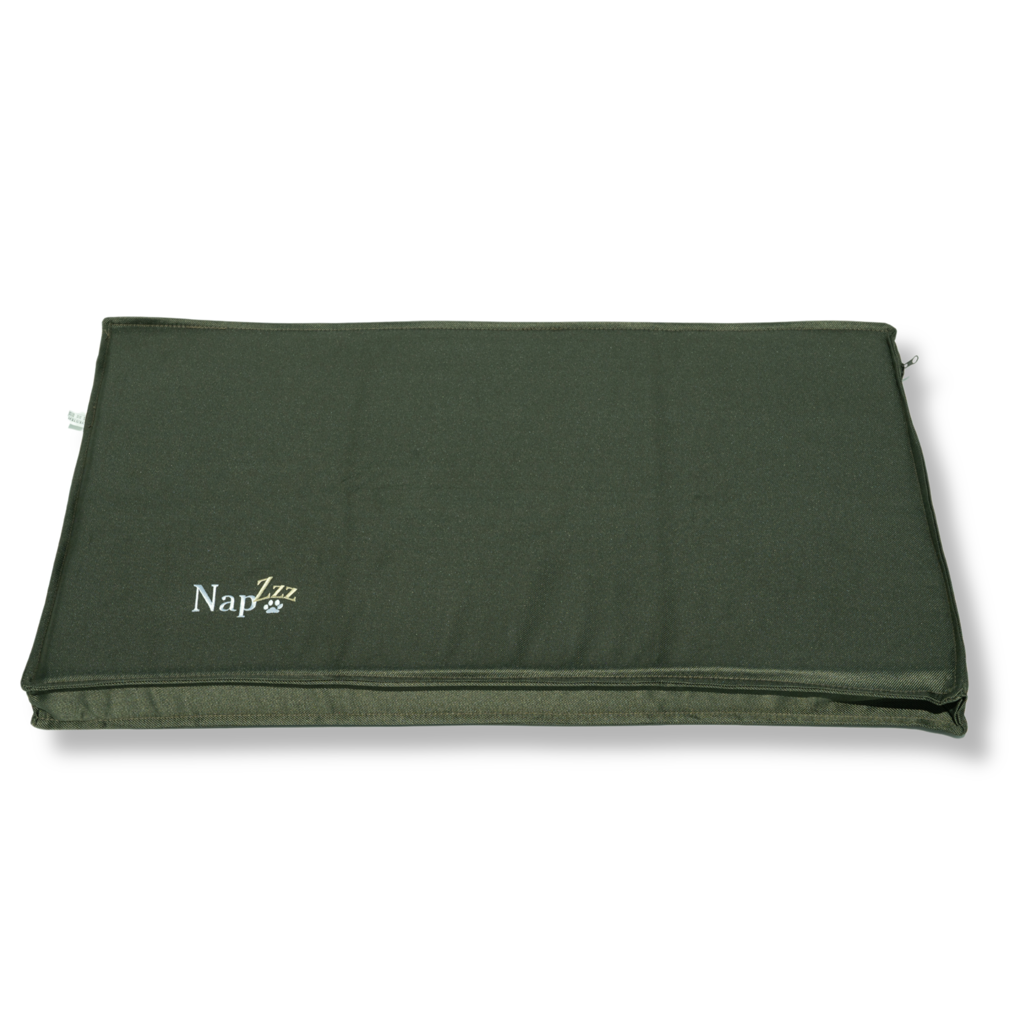  De NapZZZ Oxford Benchmat groen in vooraanzicht. Dit is een stevig en comfortabel matras, perfect voor gebruik in hondenbenches of direct op de vloer. Gemaakt van sterke, water- en vuilafstotende Oxford stof in de kleur donker groen, geschikt voor zowel binnen- als buitengebruik. Met een dikte van 5 cm druk verlagend orthopedisch schuim biedt dit matras optimale ondersteuning aan het lichaam van je hond. 
