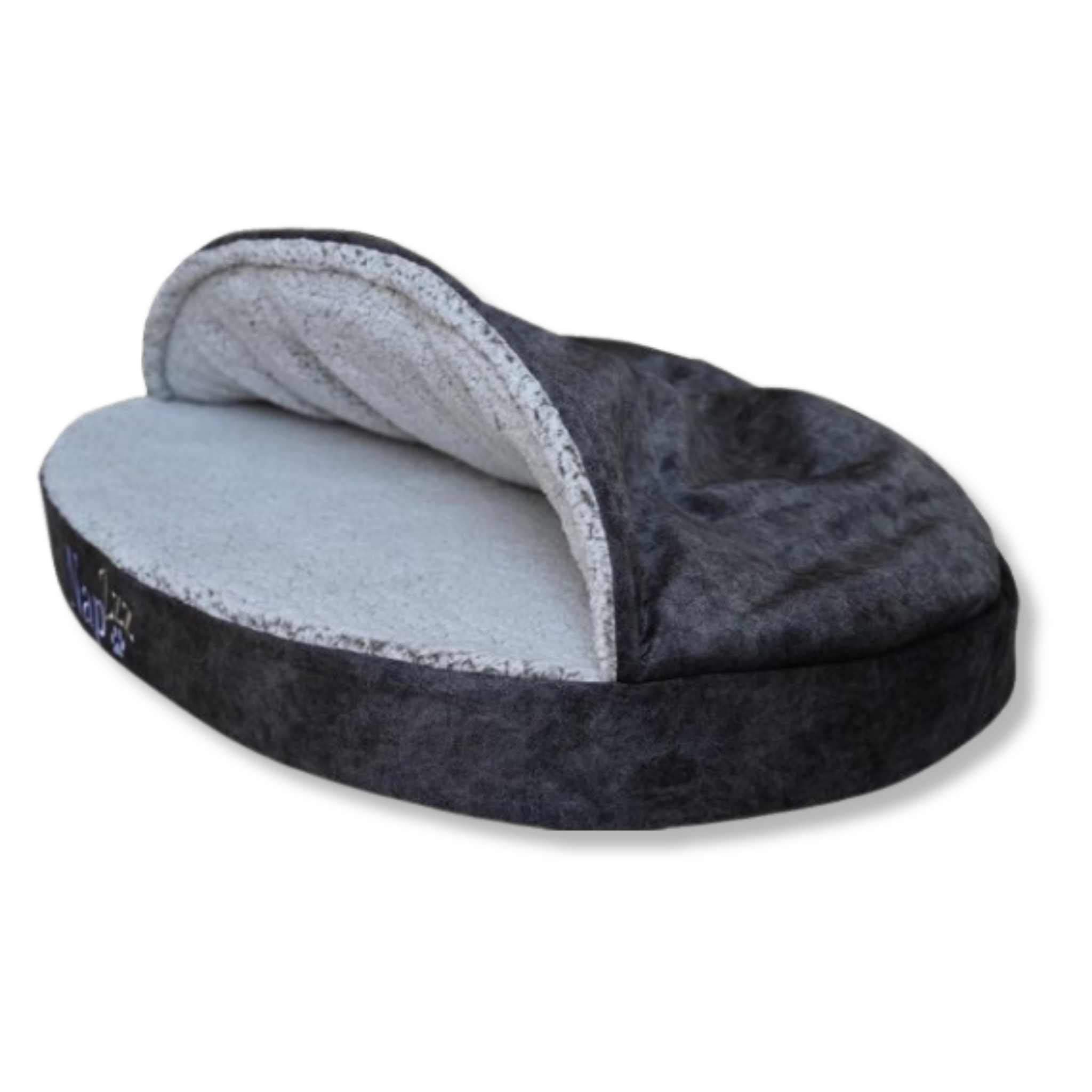 NapZZZ Cuddle Cave Eco Super Soft Antraciet – zijkant van de eco-pluche mand met vaste overkapping.