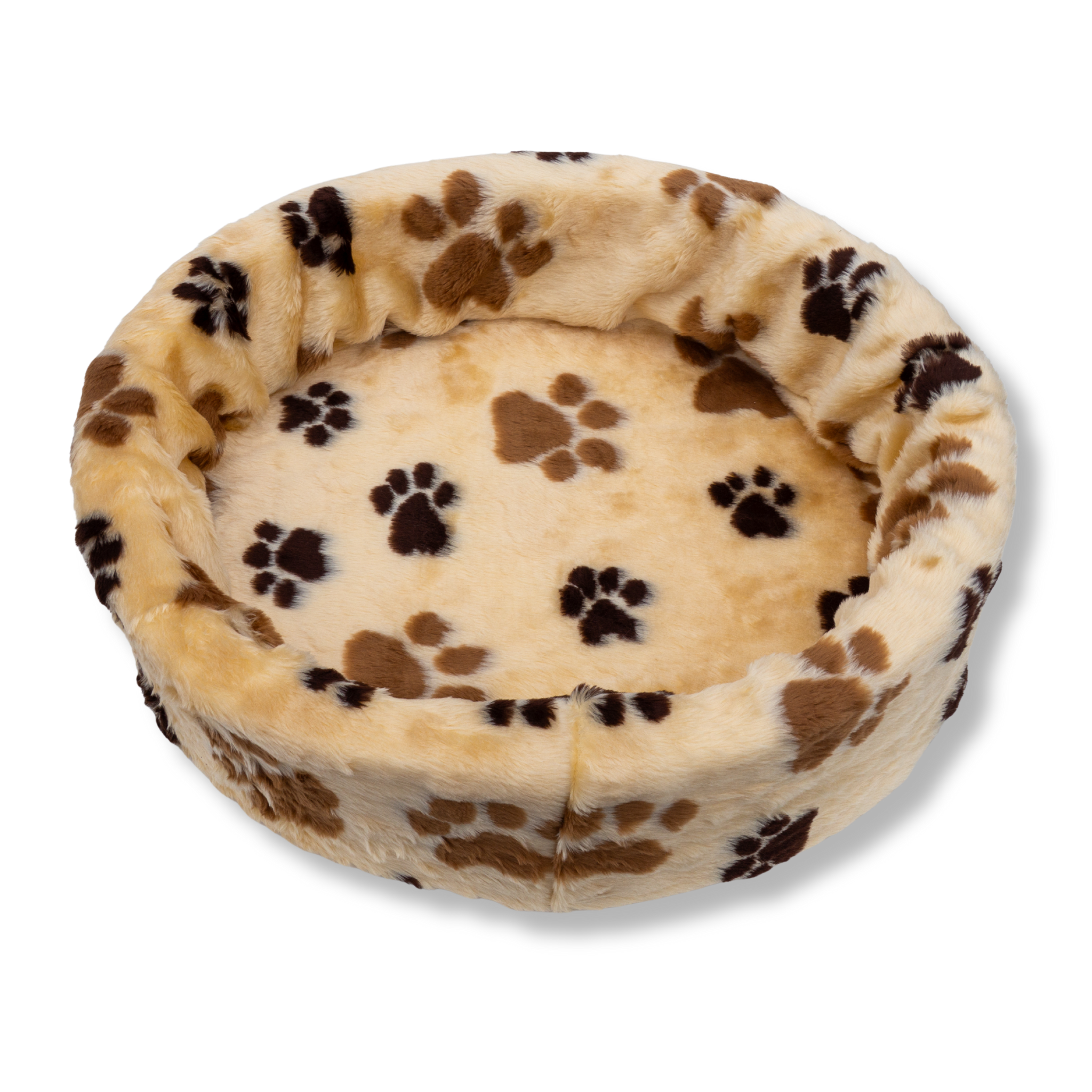 Napzzz ovale bontmand met pootprint in de kleur beige. Bevat stevige schuimrubberen kern en zacht imitatiebont pluche hoes. Hoes is uitneembaar en eventueel wasbaar op lage temperatuur. 