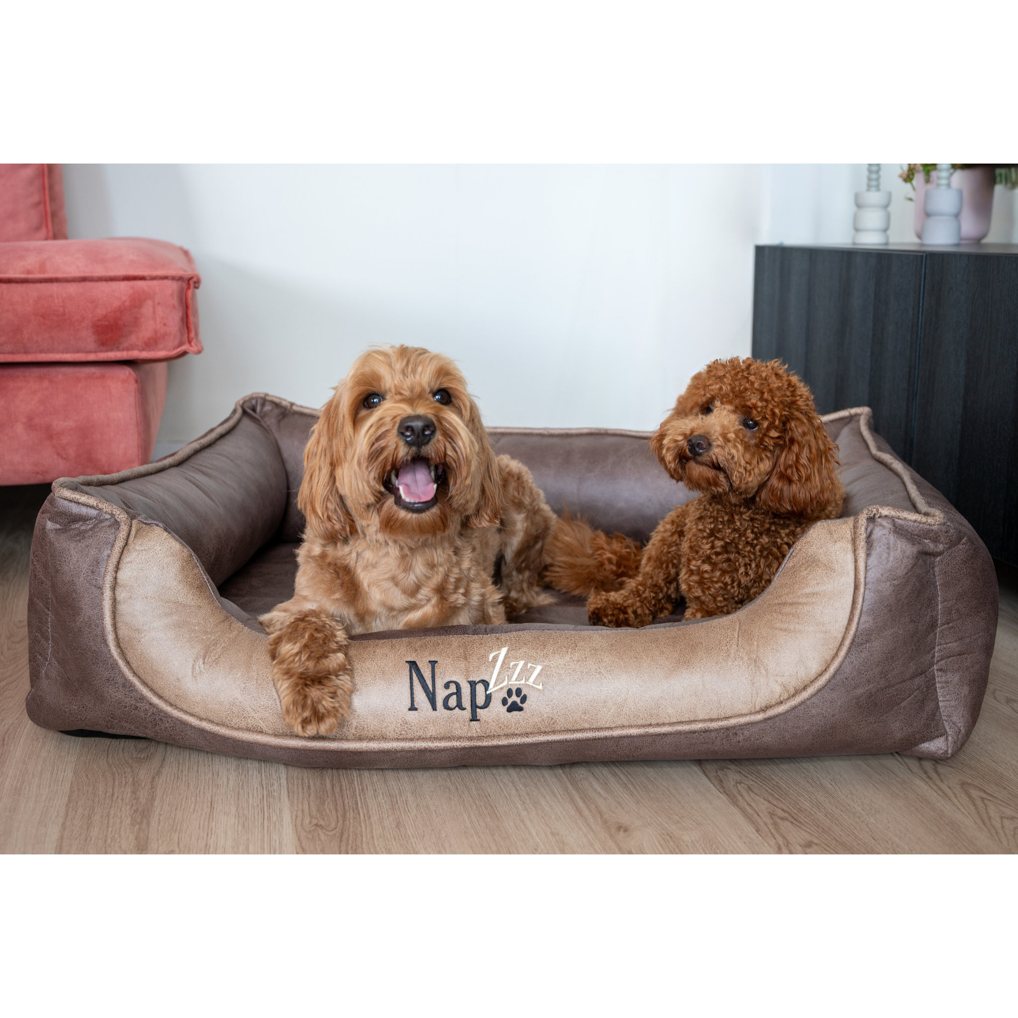 Napzzz Divan hondenmand leatherlook duo in huiselijke sfeer met 2 liggende honden in vooraanzicht op witte achtergrond. Stevige gevulde randen met schuimrubberen vlok en uitneembaar ligmatras. Luxe afgewerkt met biesrand en napzzz logo. In diverse maten verkrijgbaar