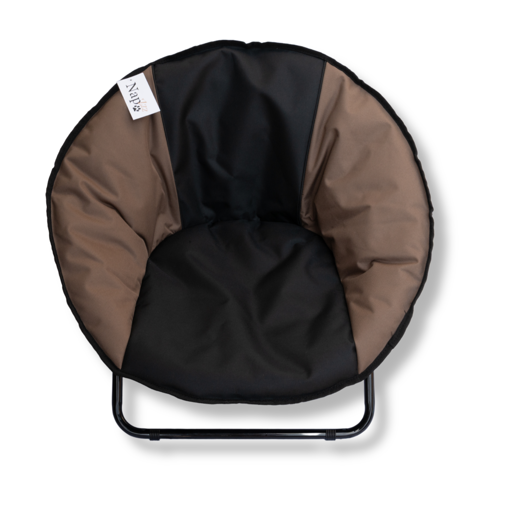 Napzzz stoel in bovenaanzicht in de kleur zwart taupe voor kleine huisdieren zoals hond of kat. Inklapbaar en voorzien van waterafstotende stof. Met metalen frame en anti slip details.