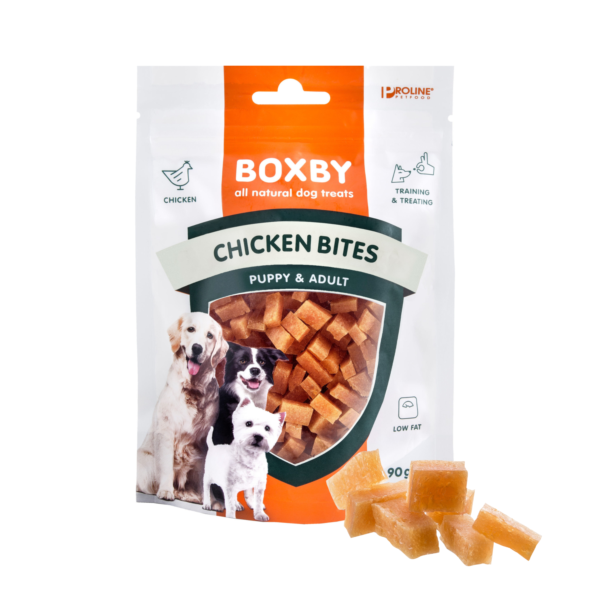Proline Boxby chicken bites: kleine zachte kipbites voor training, eiwitrijk en vetarm, verpakking van 90 gram.