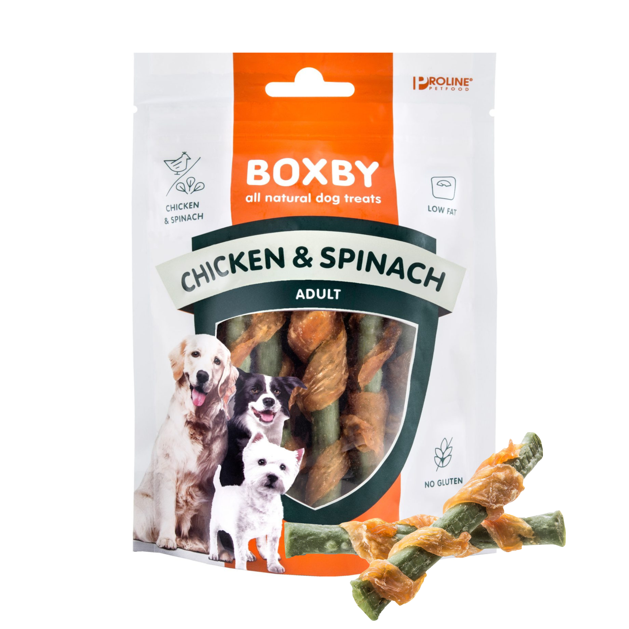 Boxby Chicken Sticks hondensnack met gedroogd kippenvlees en wortel of spinazie, natuurlijke beloning voor honden