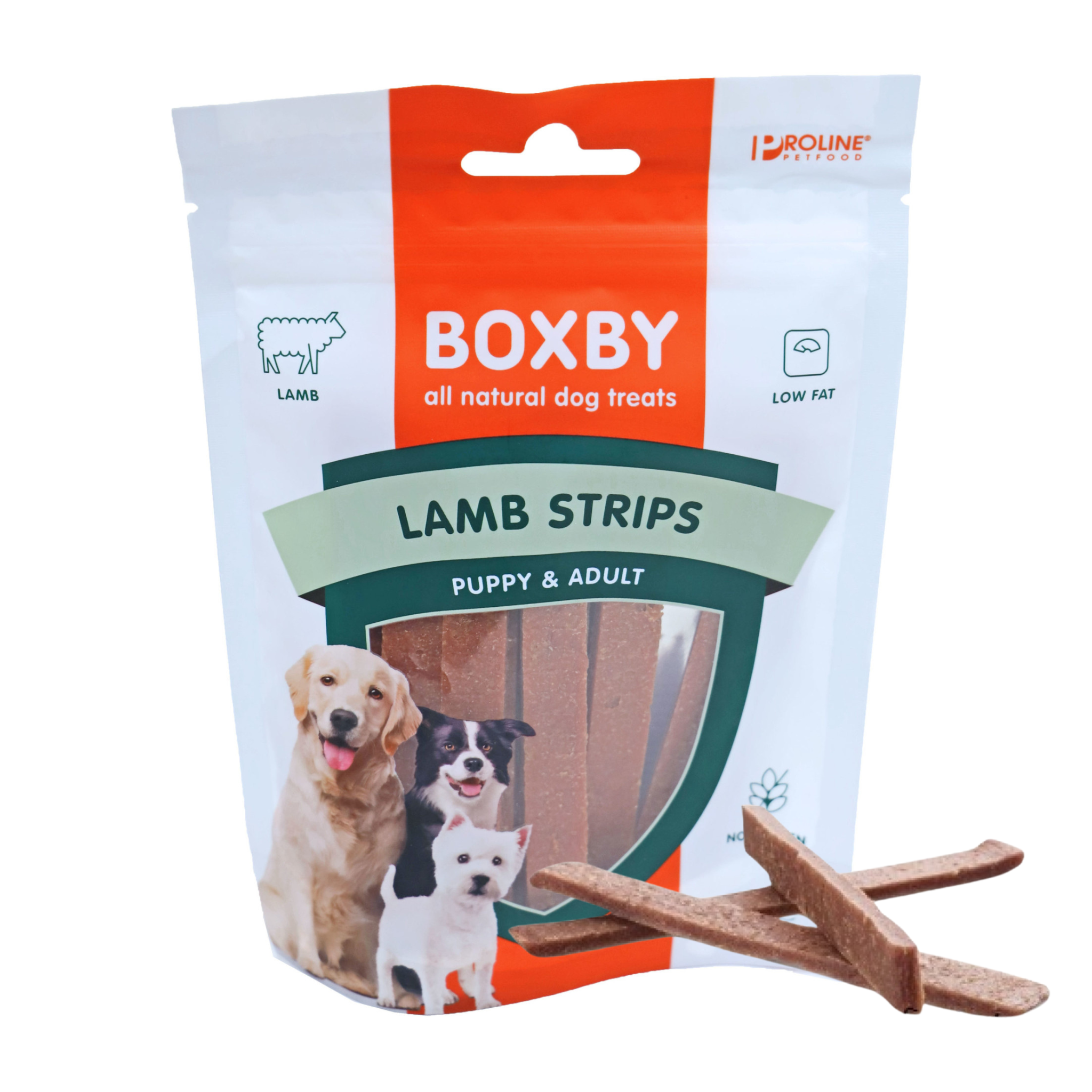 Proline Boxby Lamb Strips hondensnack met lam, eiwitrijk, laag in vet en glutenvrij.