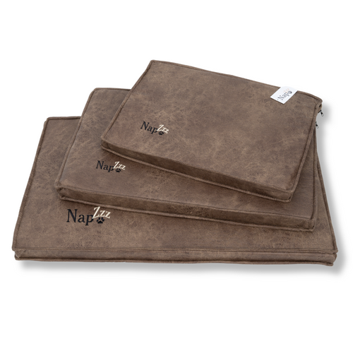 NapZZZ Benchkussen Lederlook Bruin in 3 maten, comfortabel hondenmatras, afneembare hoes