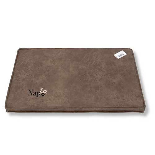 NapZZZ Benchkussen Lederlook Bruin voorkant, comfortabel hondenmatras, afneembare hoes