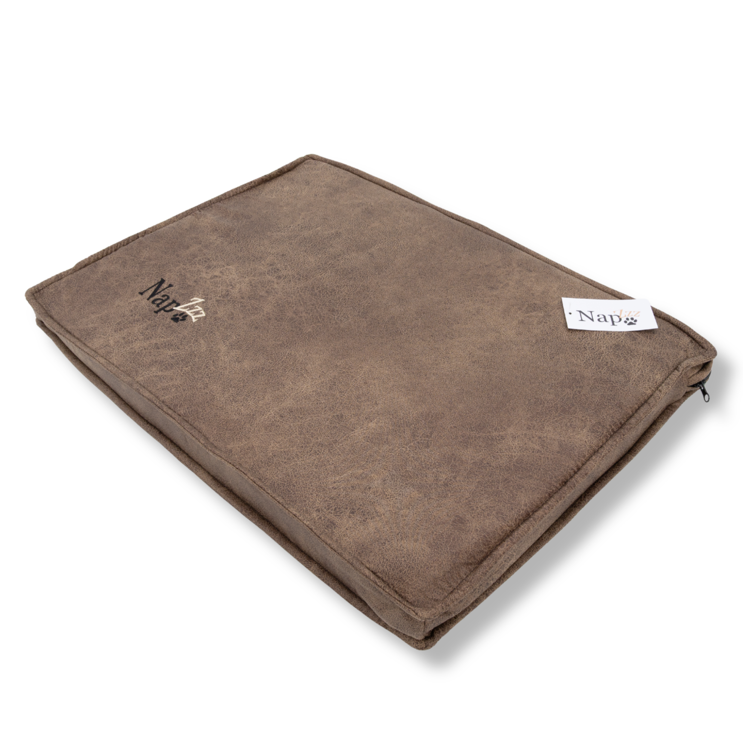 NapZZZ Benchkussen Lederlook Bruin zijkant, 5 cm schuimrubber, luxe hondenkussen