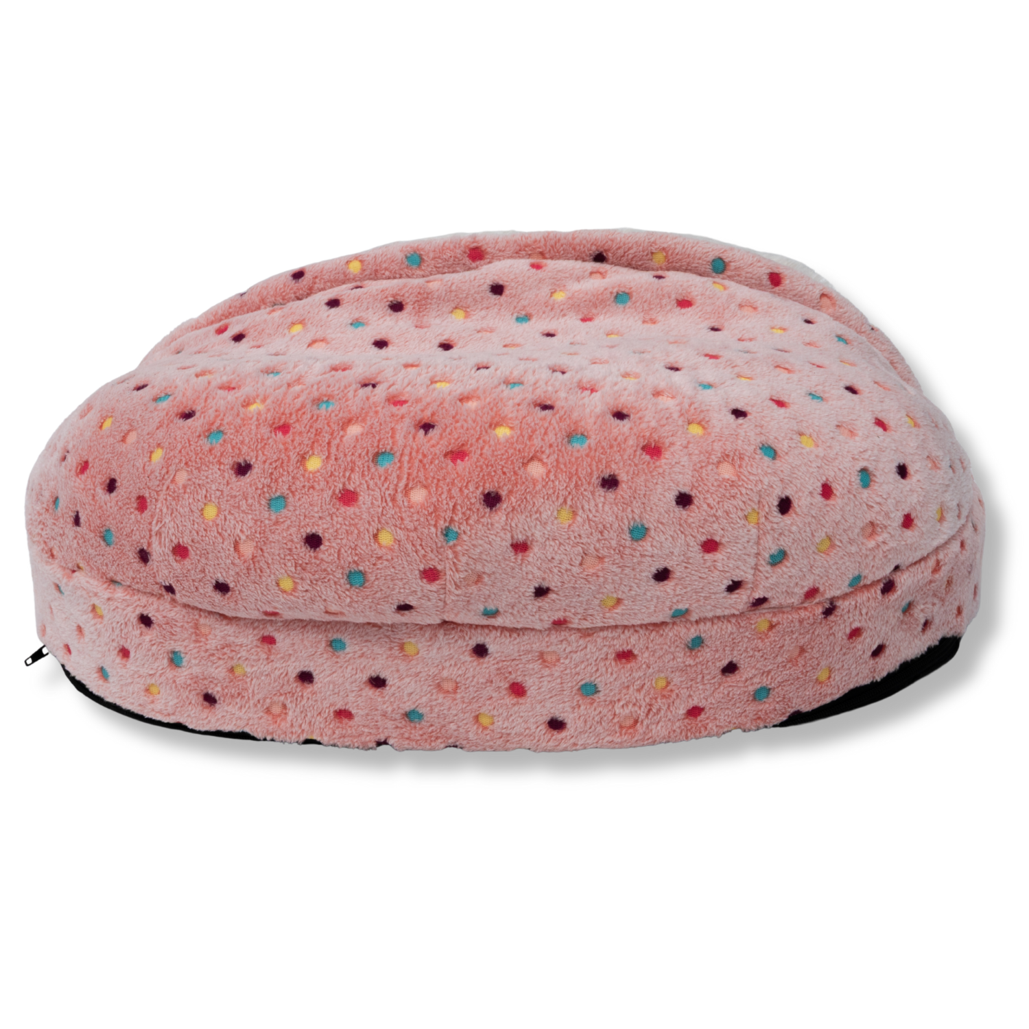 NapZZZ Cuddle Cave Dotz Roze huisdierbed achterkant, stevige pluche overkapping, schuimrubberen bodem en afneembare hoes voor katten en kleine honden