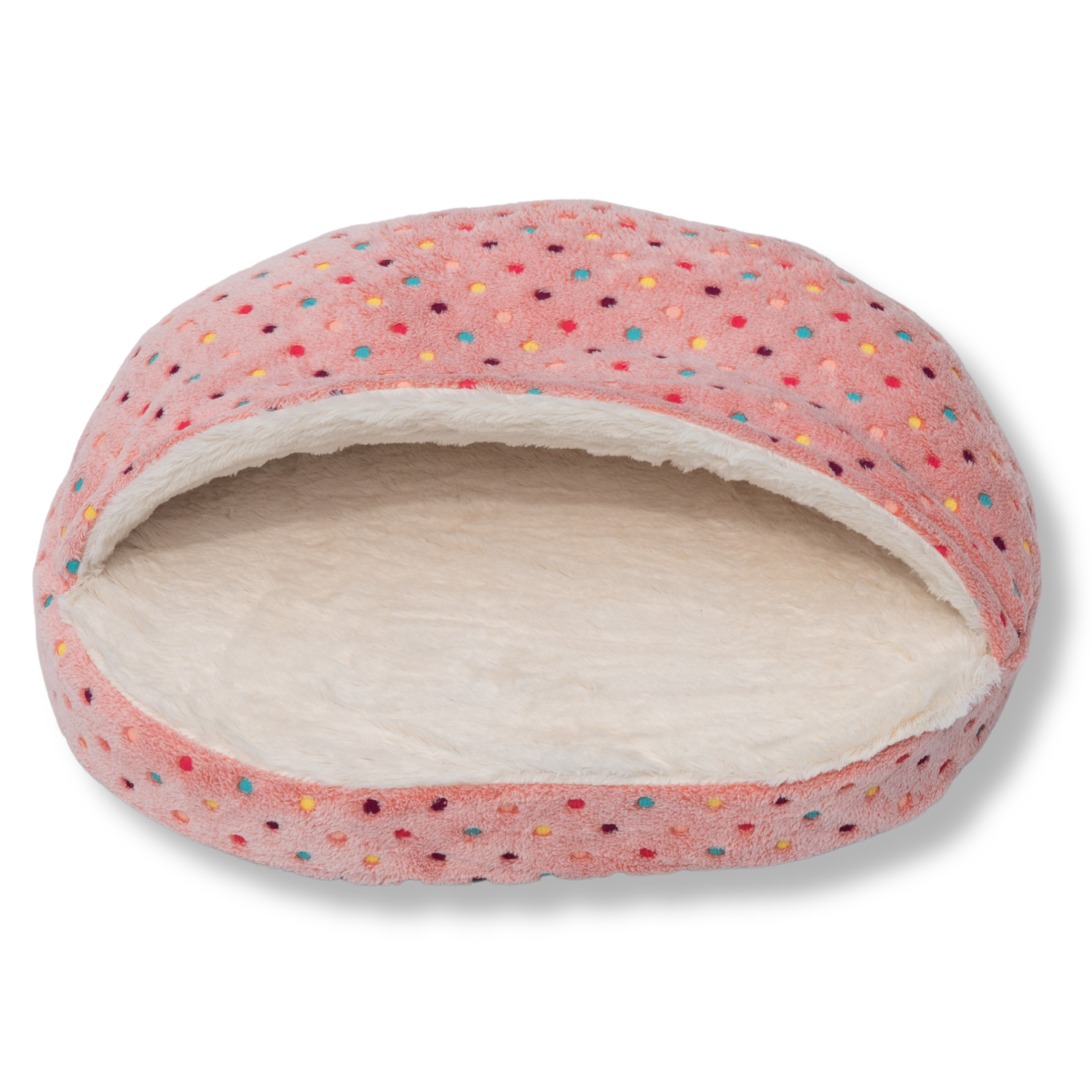 NapZZZ Cuddle Cave Dotz Roze huisdierbed voorkant, knusse mand met overkapping van pluche en kleurrijke details, schuimrubber bodem