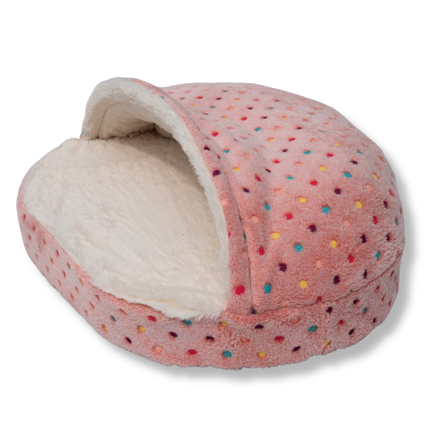NapZZZ Cuddle Cave Dotz Roze huisdierbed zijkant, knusse mand met overkapping van pluche, schuimrubber bodem, afneembare hoes, voor katten en honden