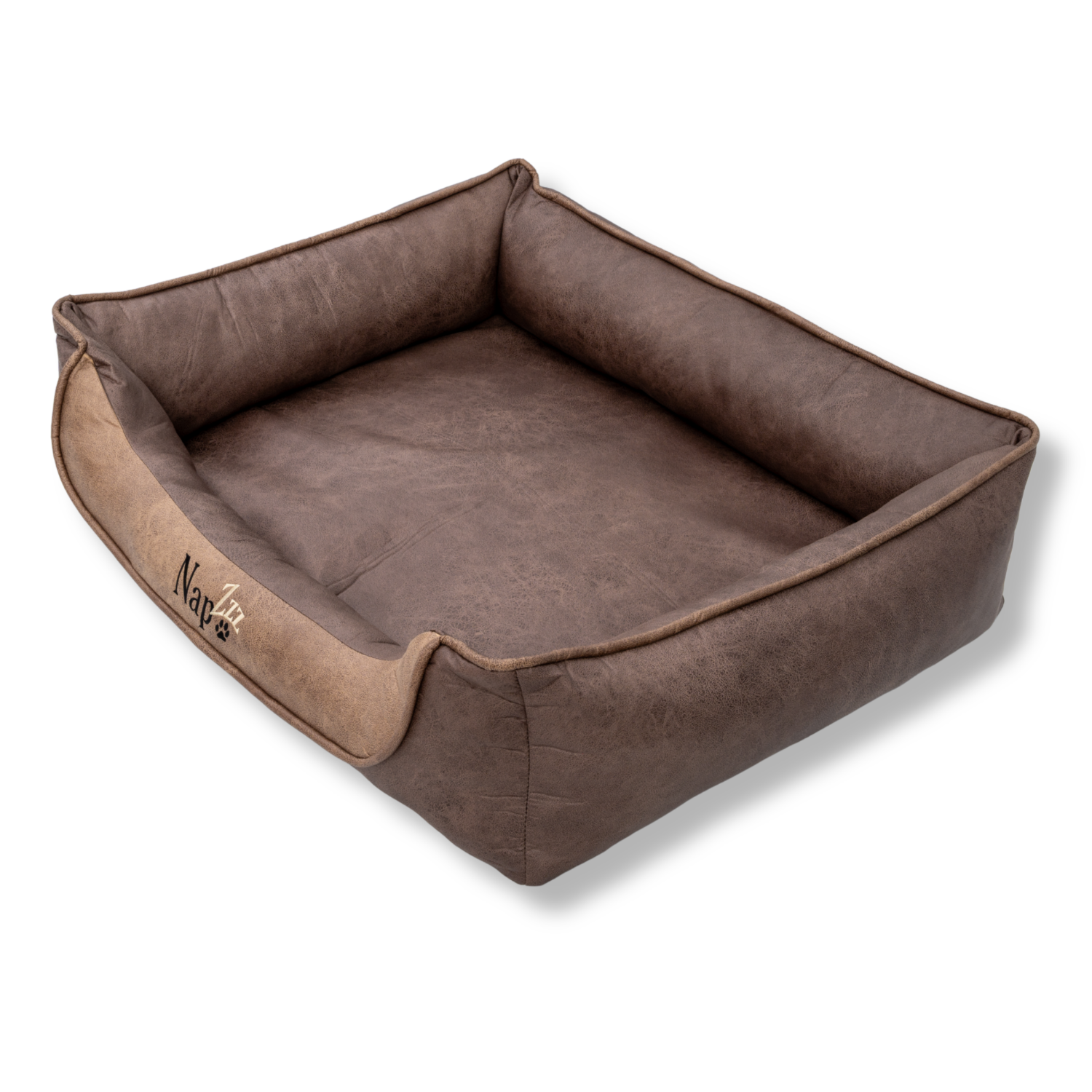 Napzzz Lederlook Divan Duo hondenmand bruin zijaanzicht, luxe kunstleer met opstaande randen, stevige vulling en lage instap